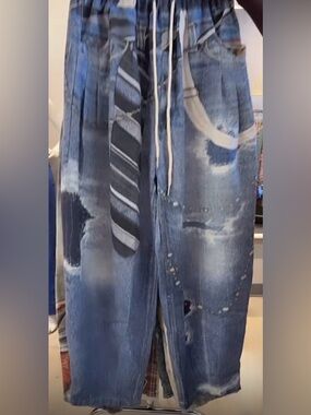 Distressed Blue Tie-Dye Joggers with Drawstring